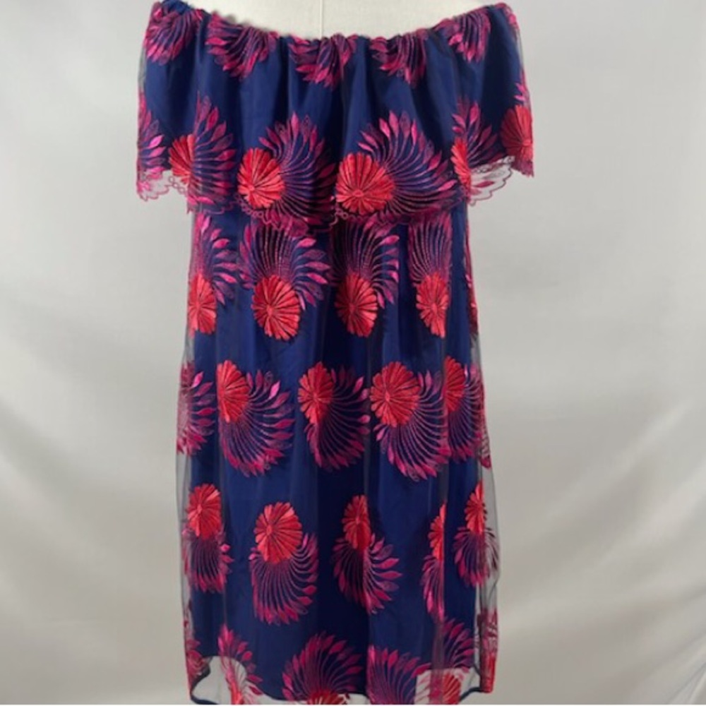 Trina Turk "Wisdom" Embroidered Off-The-Shoulder Dress - Pink Blue Size S - Picture 3 of 5